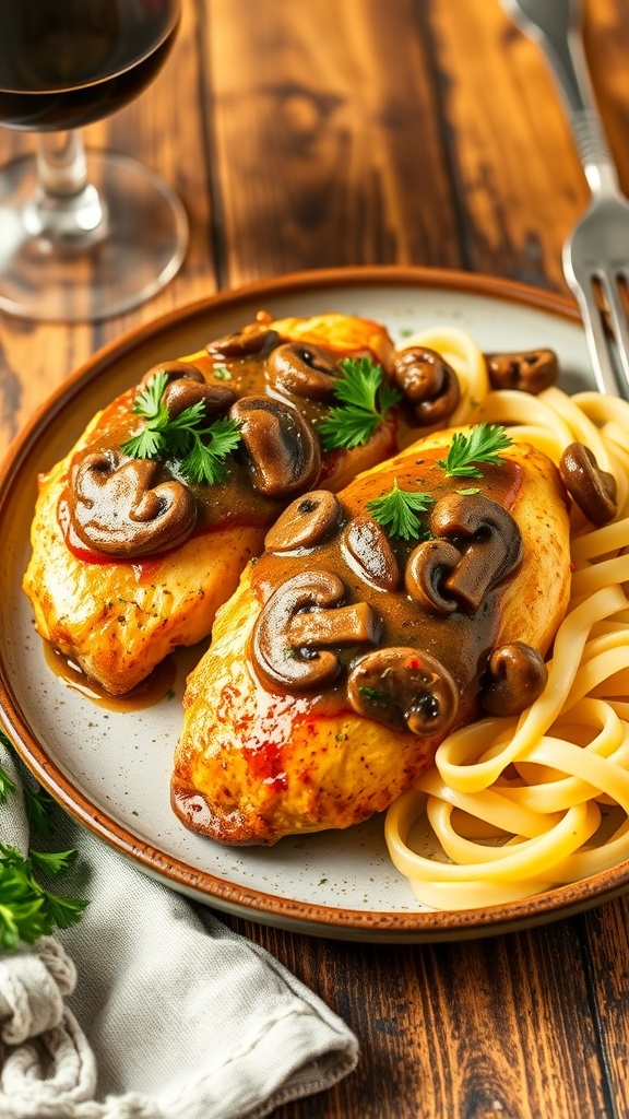 Crispy air fryer chicken marsala with mushrooms and parsley on a plate with pasta.